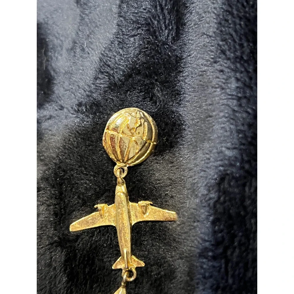 Vintage Gold Tone Earth, Airplane & Star Dangle Pin / Tie Tack Approx.‎ 2.25 